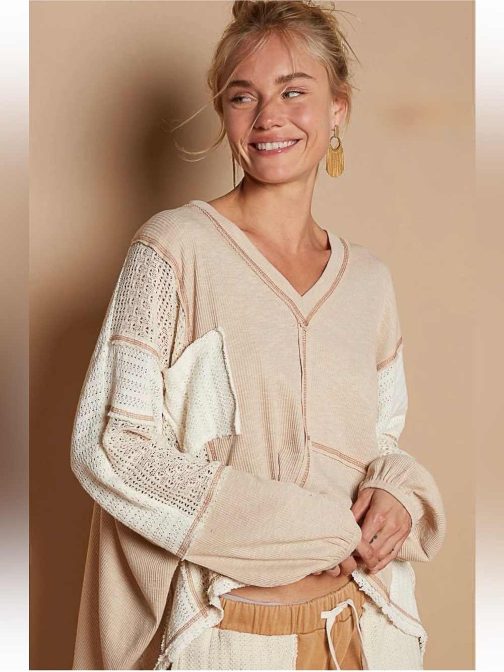 New: POL “Are You With Me” Boho Contrasting Cream Mixed Textures Long Sleeve Top